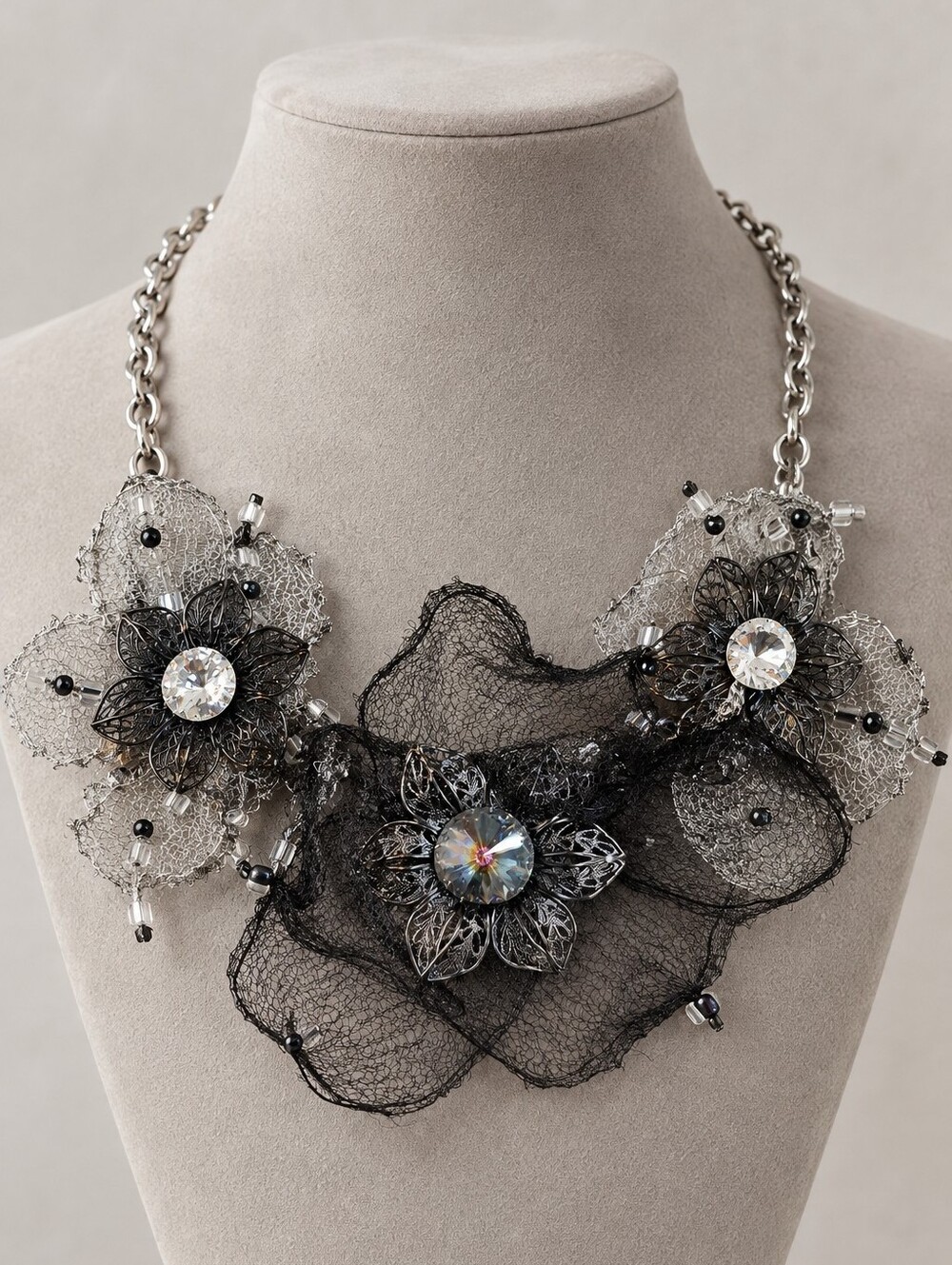 Witchy Whimsigoth Dark Romance Unique Artisan Black Silver Mesh Floral Necklace